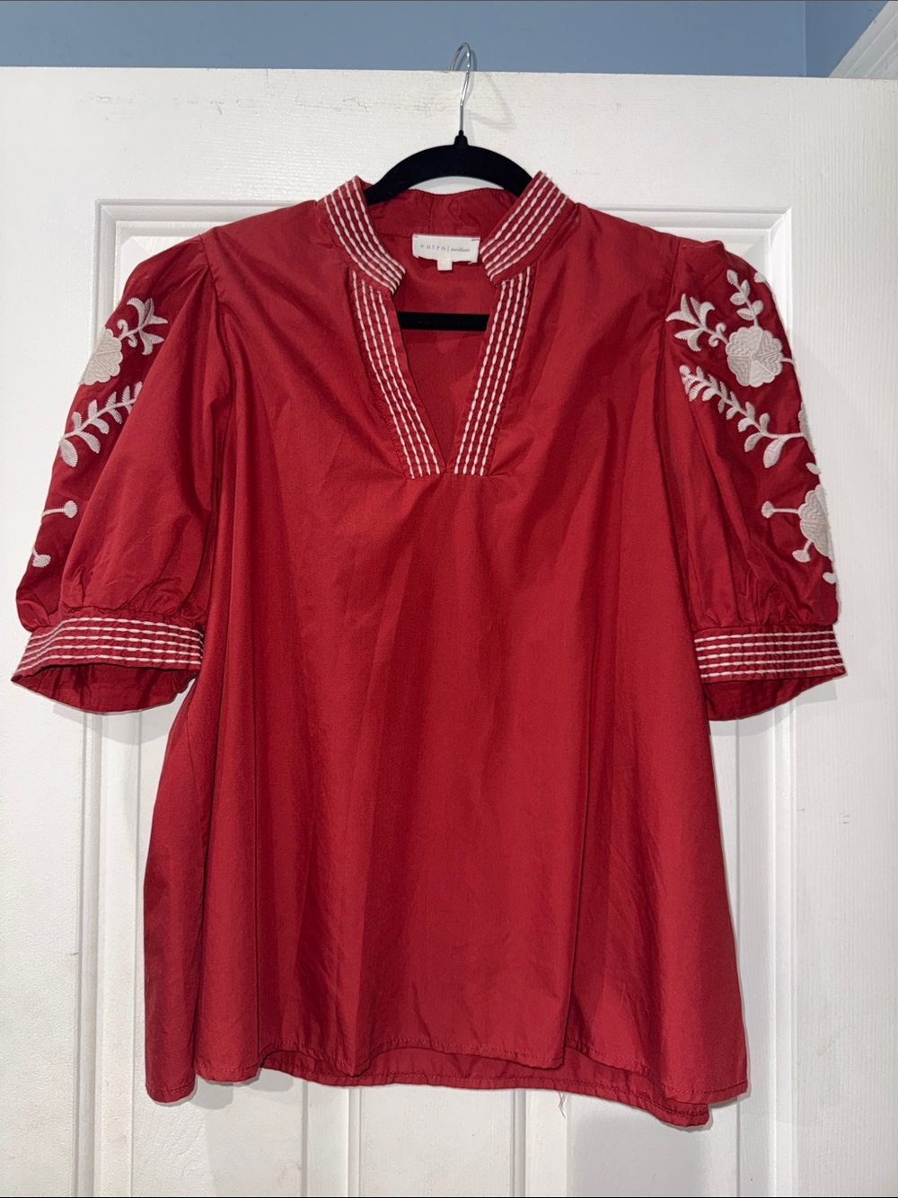 entro Puff-Sleeve Embroidered V-Neck Blouse